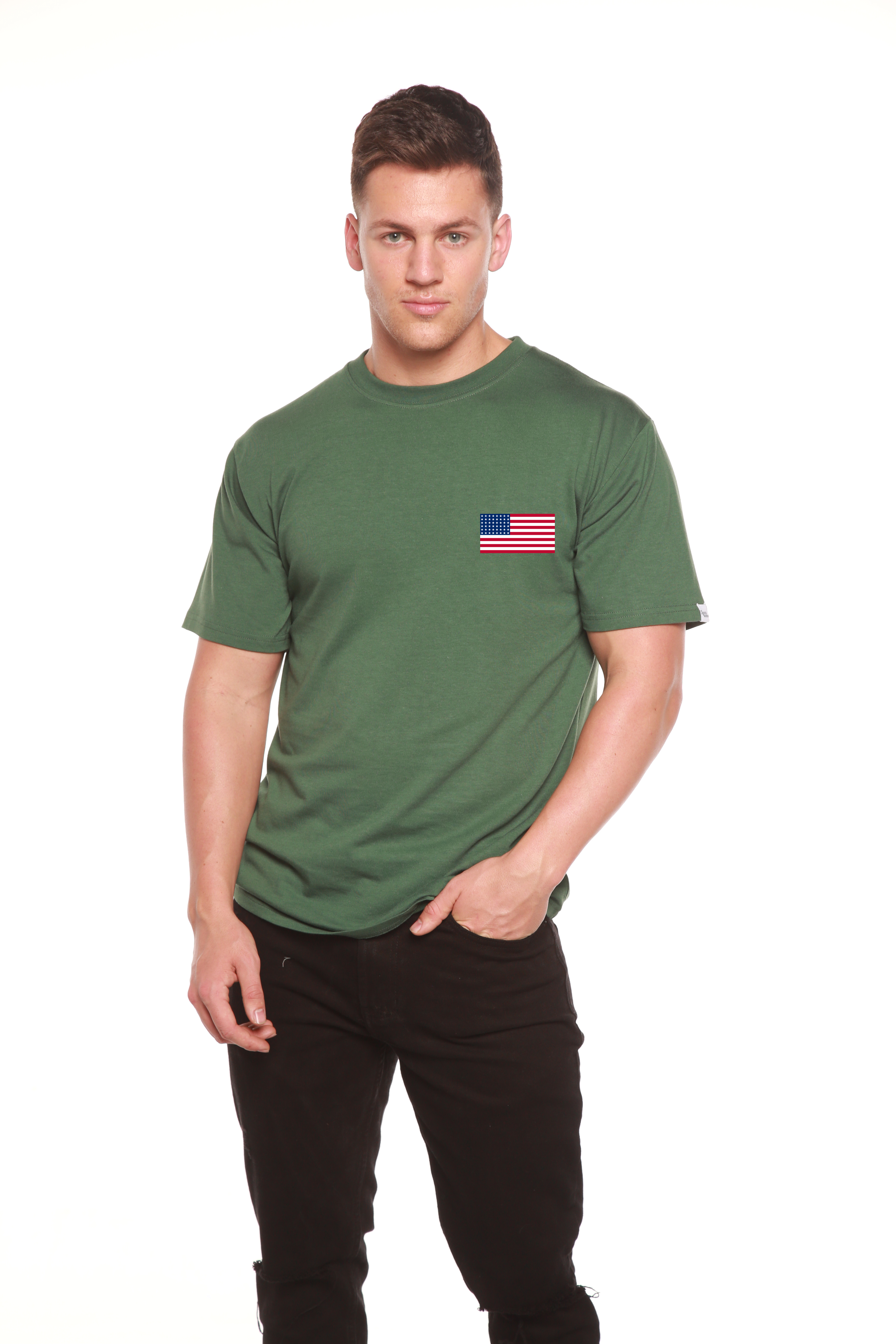 Man wearing a green t-shirt with an American flag patch on a white background