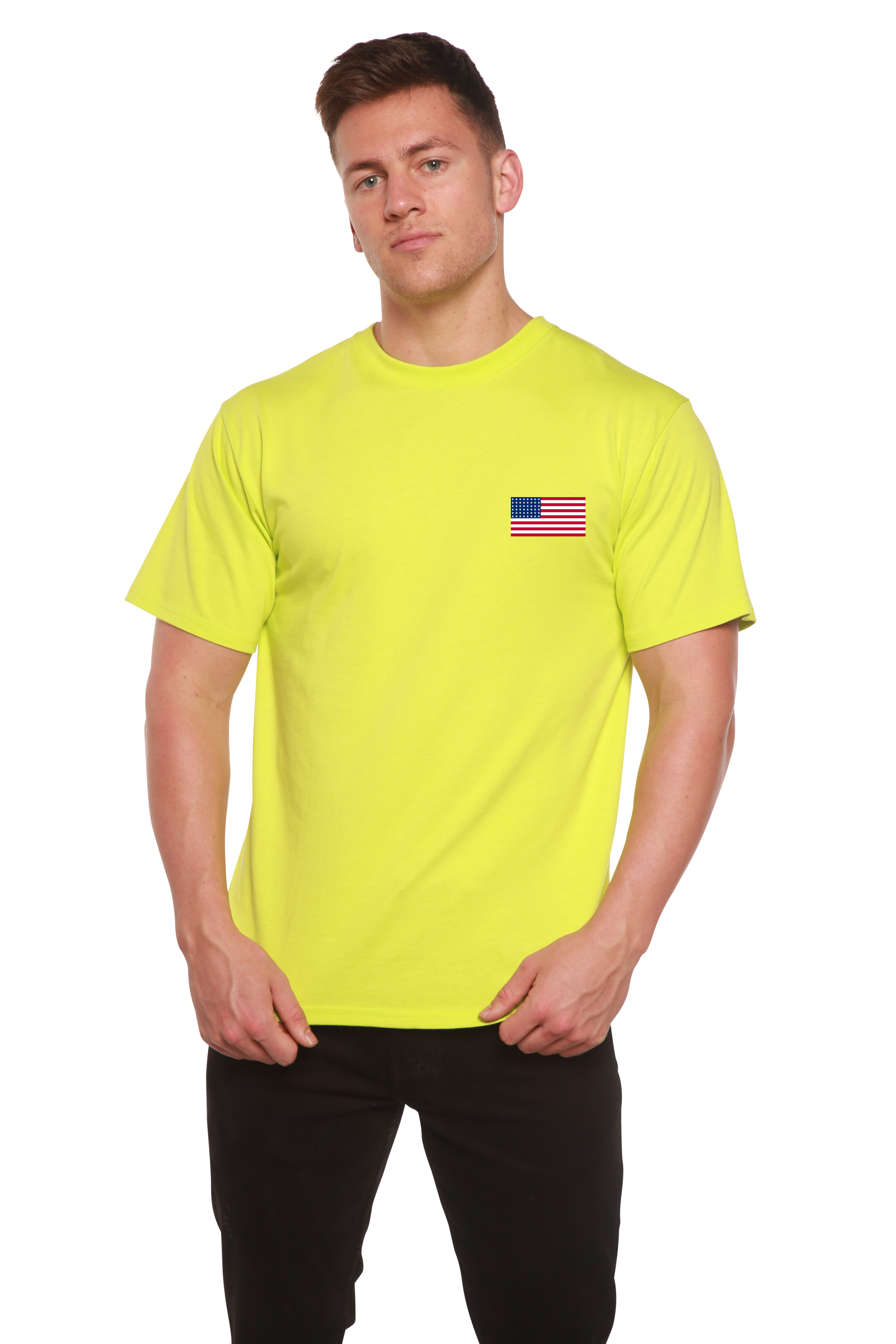 Man wearing a bright yellow t-shirt with a logo on a white background
