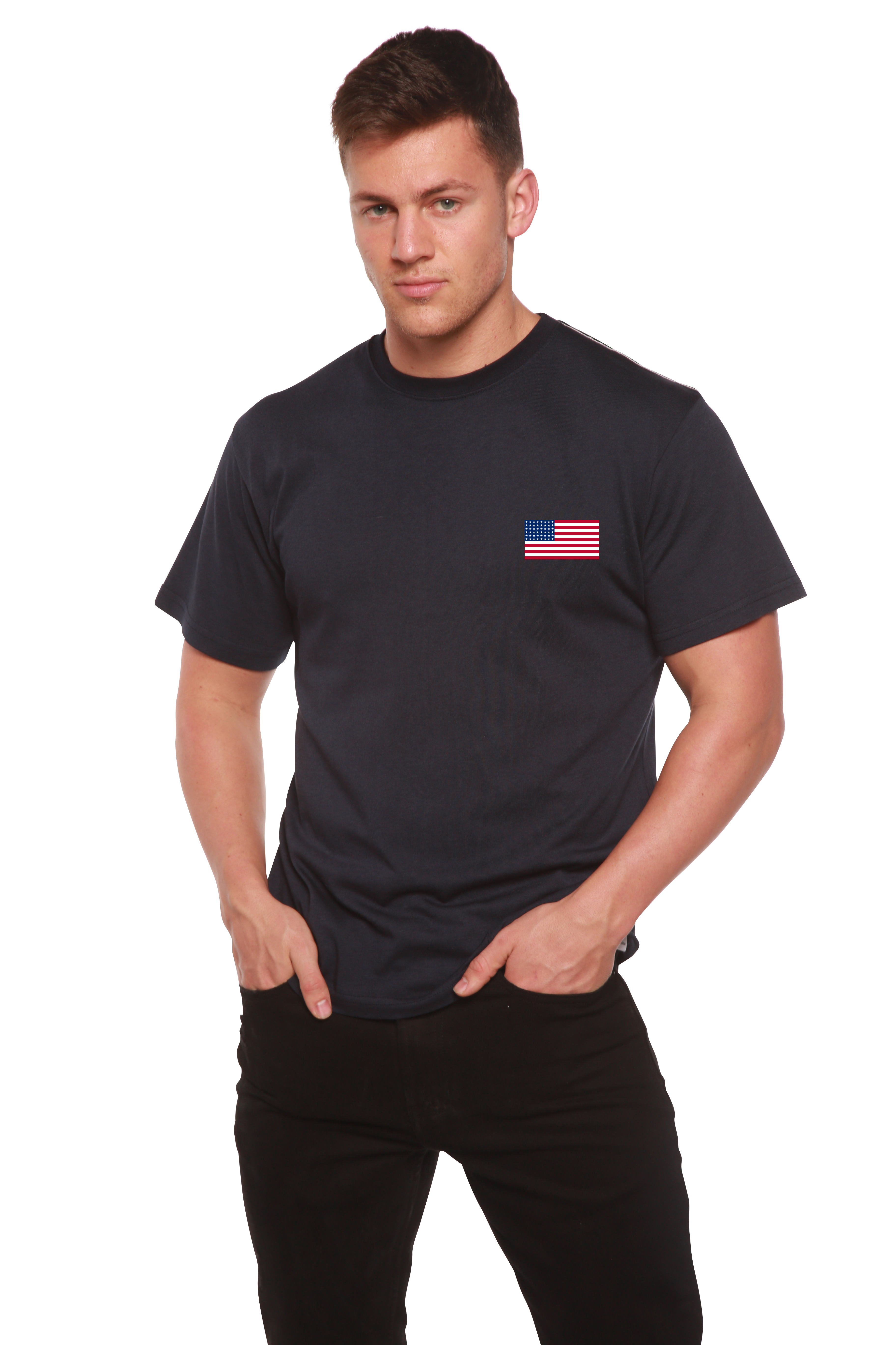 Man wearing a black t-shirt with an American flag patch on a white background