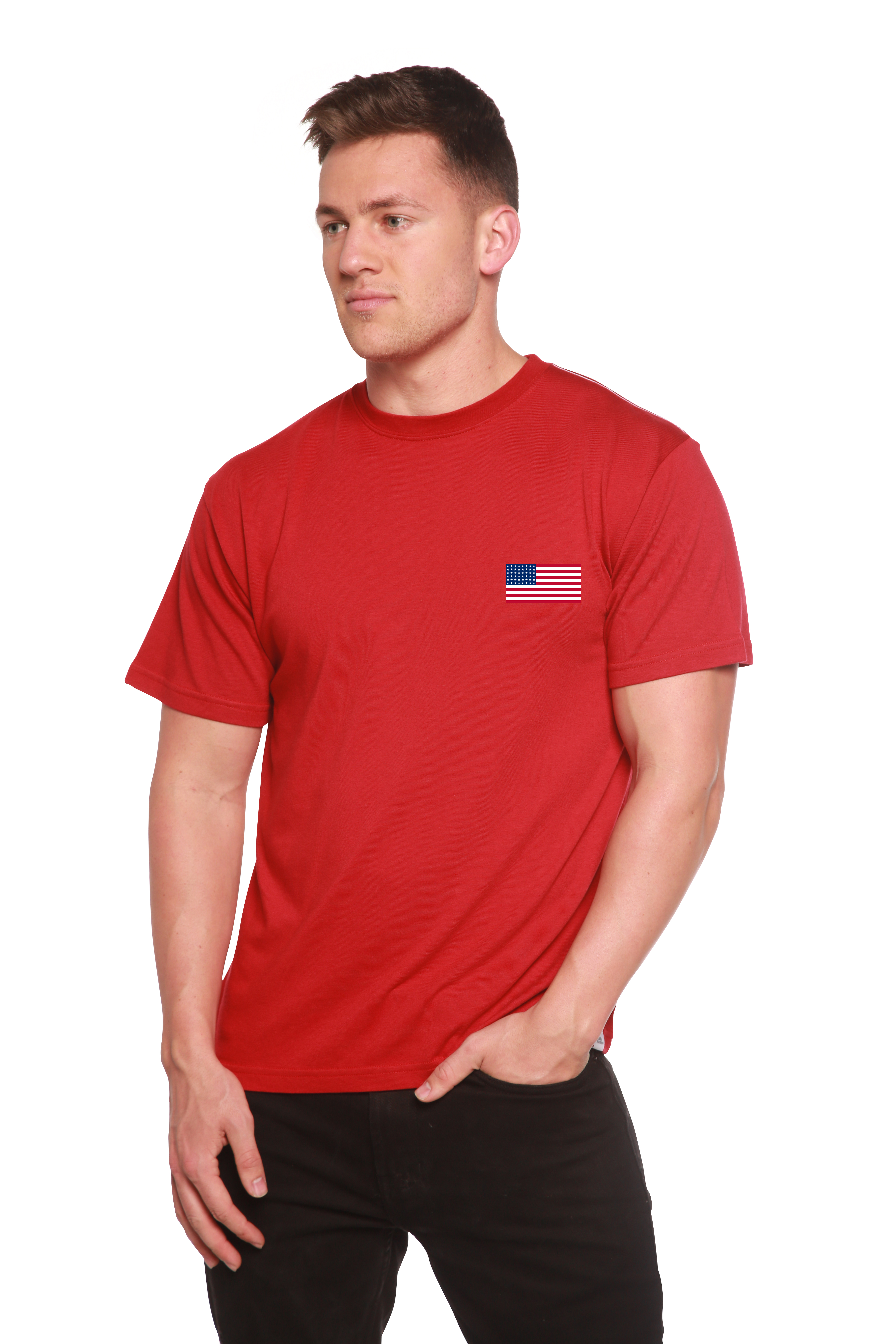 Man wearing a red t-shirt with an American flag patch on a white background