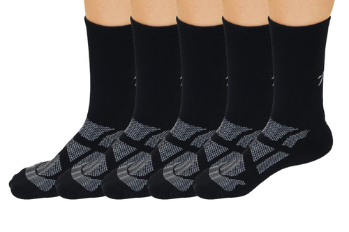 Set of five black socks with gray patterns on a white background