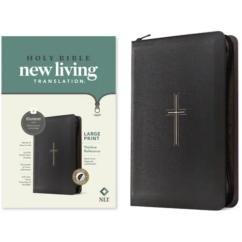 NLT Large Print Thinline Reference Zipper Bible, Filament Enabled (Leatherlike, Black Cross, Indexed, Red Letter)