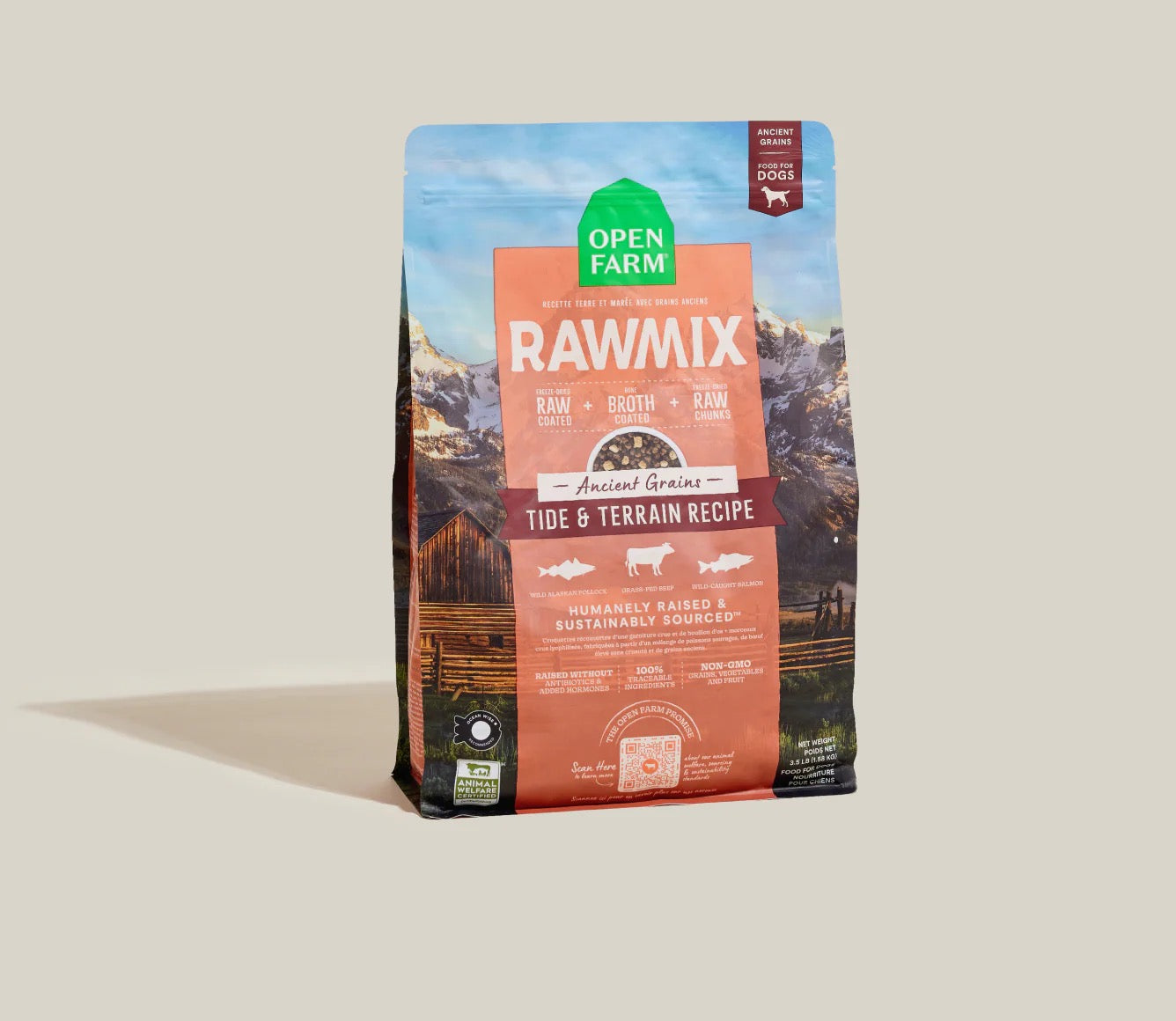 Bag of Open Farm Rawmix dog food on a beige background