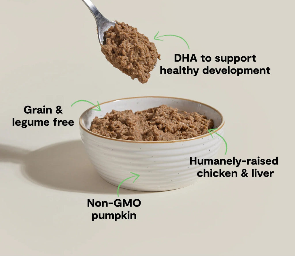 Dog food in a bowl with text highlighting ingredients and benefits on a beige background