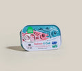 Can of salmon and cod mousse for cats on a beige background