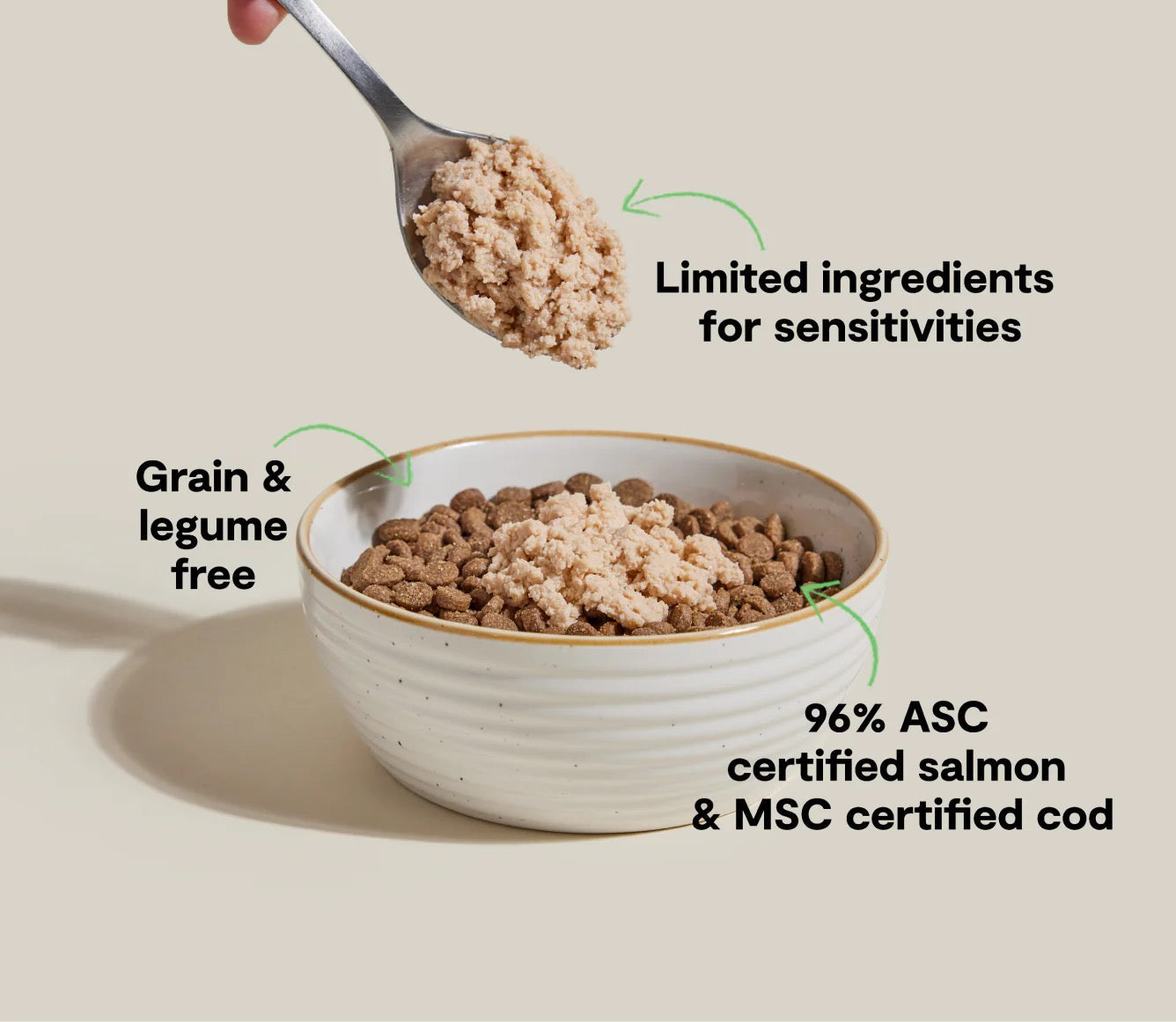 Dog food in a bowl with a spoonful above, labeled for limited ingredients and certification details.