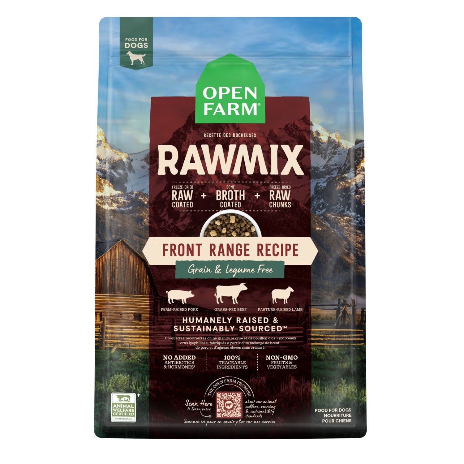 Open Farm Rawmix Front Range Recipe dog food package with mountain and cabin background