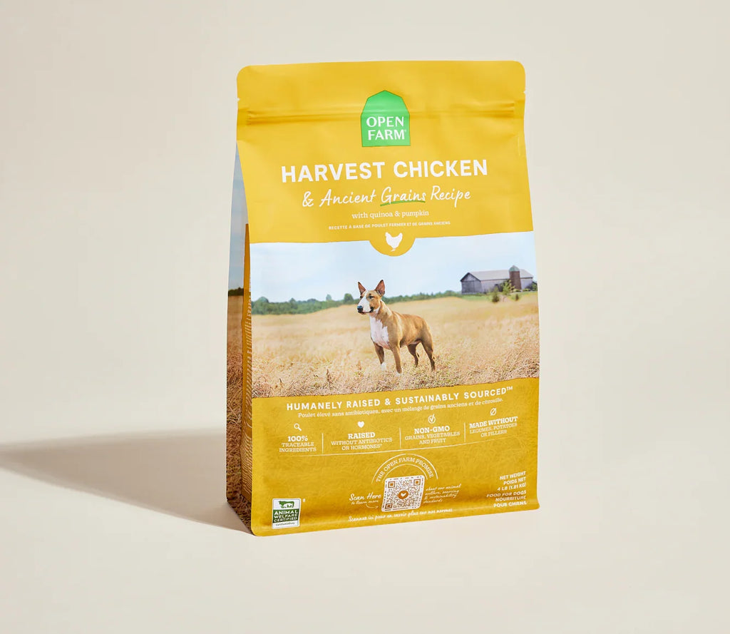 A bag of Open Farm Harvest Chicken & Ancient Grains Recipe dog food, featuring a bright yellow packaging with a photo of a dog in a field, set against a warm beige background.