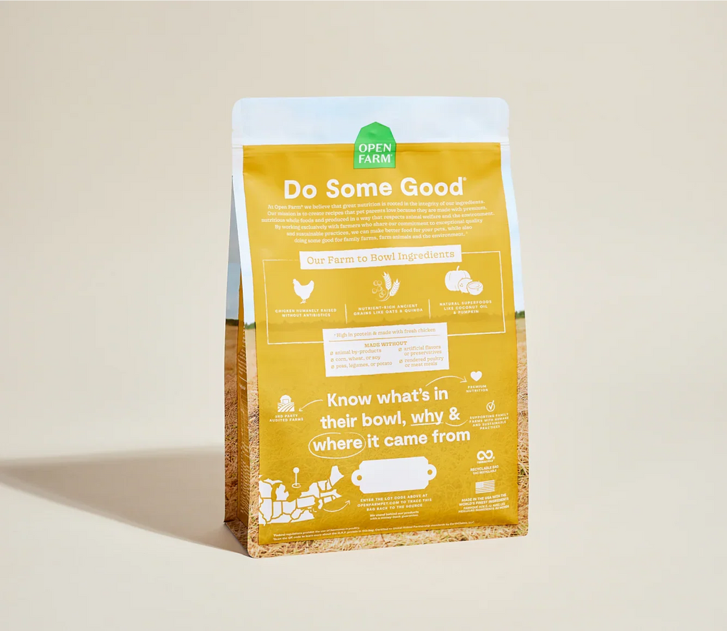 Dog food package with a yellow label on a beige background