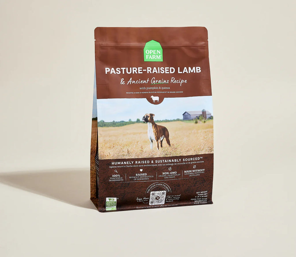 Bag of Open Farm pasture-raised lamb and ancient grains dog food on a beige background