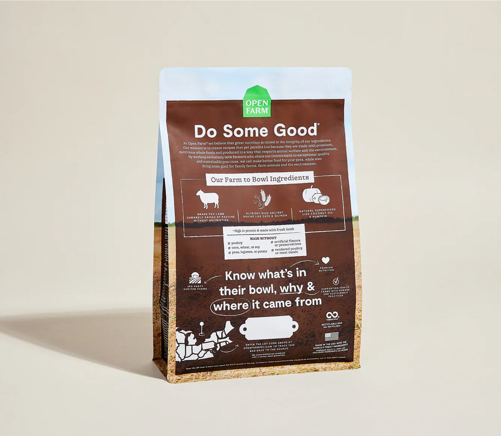 Dog food package with 'Do Some Good' label on a beige background