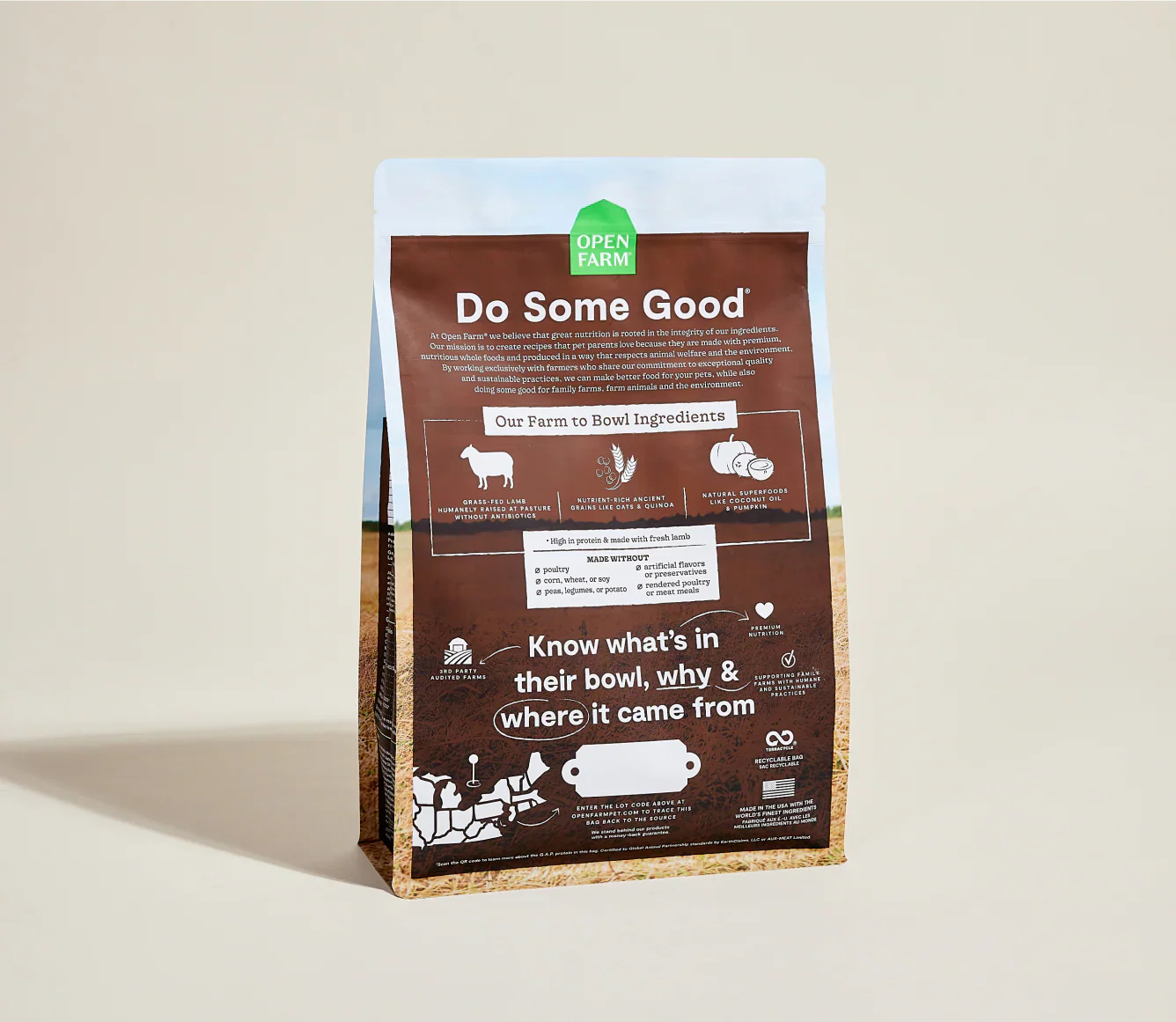 Dog food package with 'Do Some Good' label on a beige background
