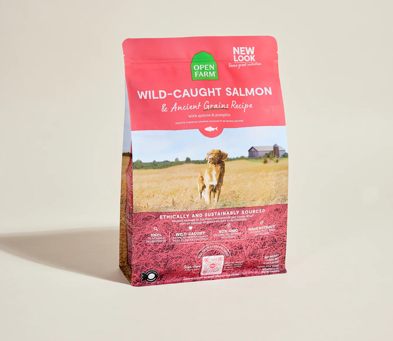 Dog food package with a red label featuring a dog and field on a beige background