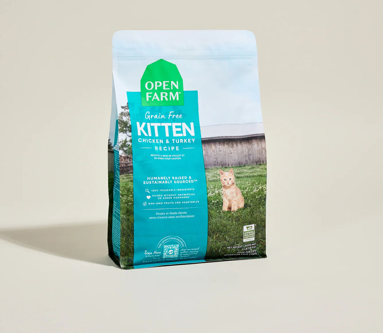 Open Farm kitten food package on a beige background