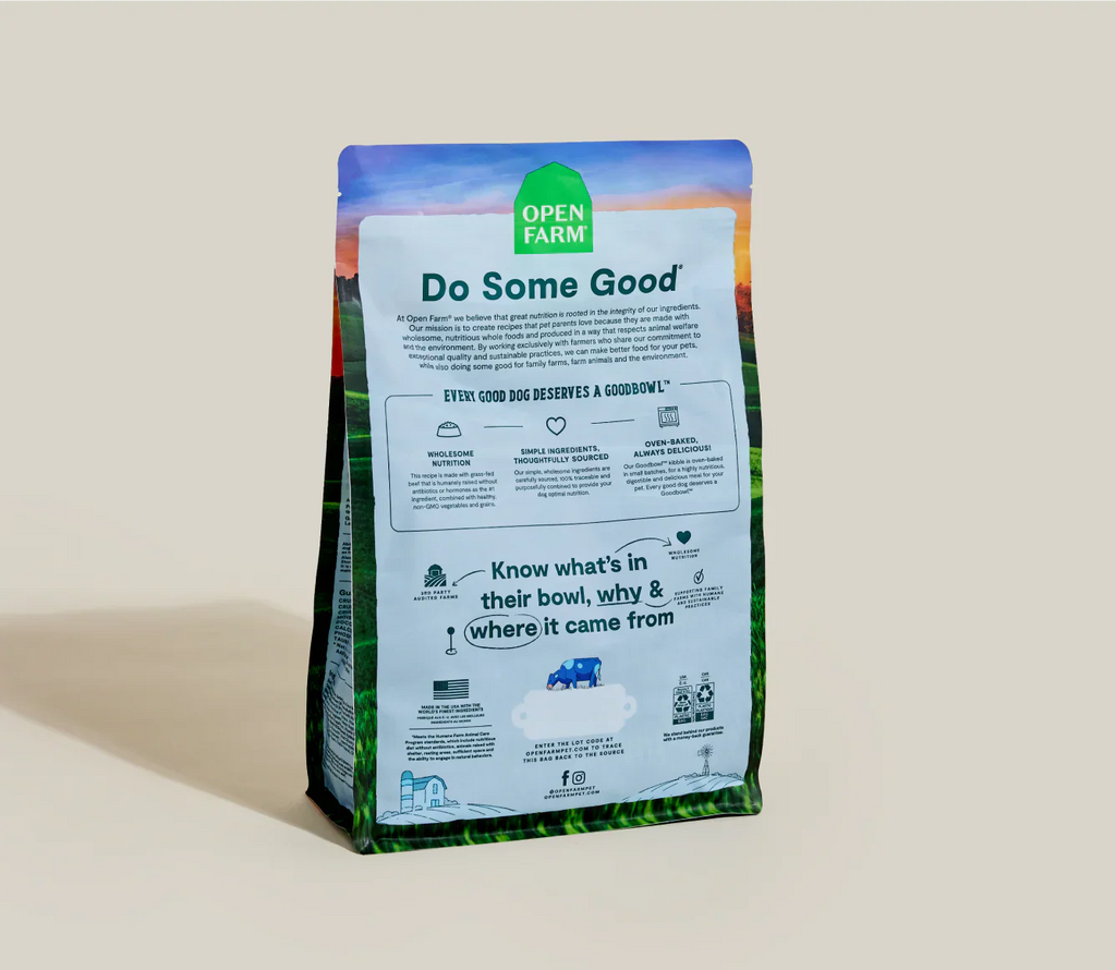 Open Farm dog food package on a beige background