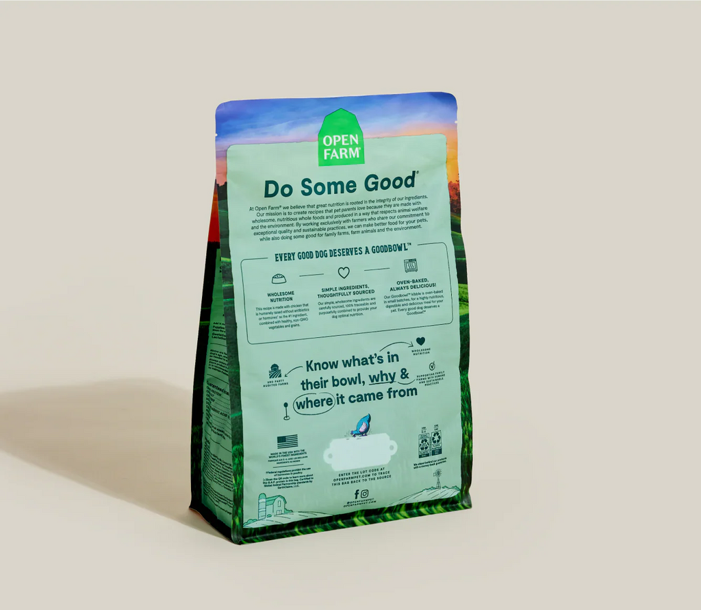 Dog food package with 'Do Some Good' label on a beige background