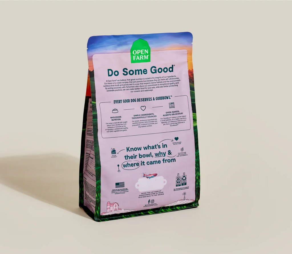 Dog food package with 'Open Farm' branding and 'Do Some Good' message on a beige background