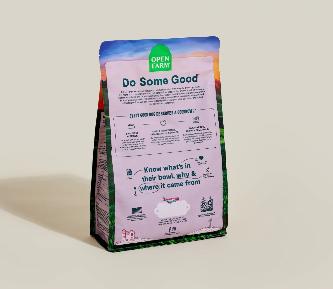 Dog food package with 'Open Farm' branding and 'Do Some Good' message on a beige background
