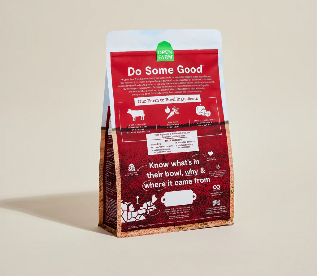 Dog food package with a red label on a beige background