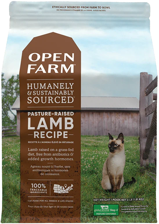 Open Farm cat food package with a cat on a grassy field and barn in the background