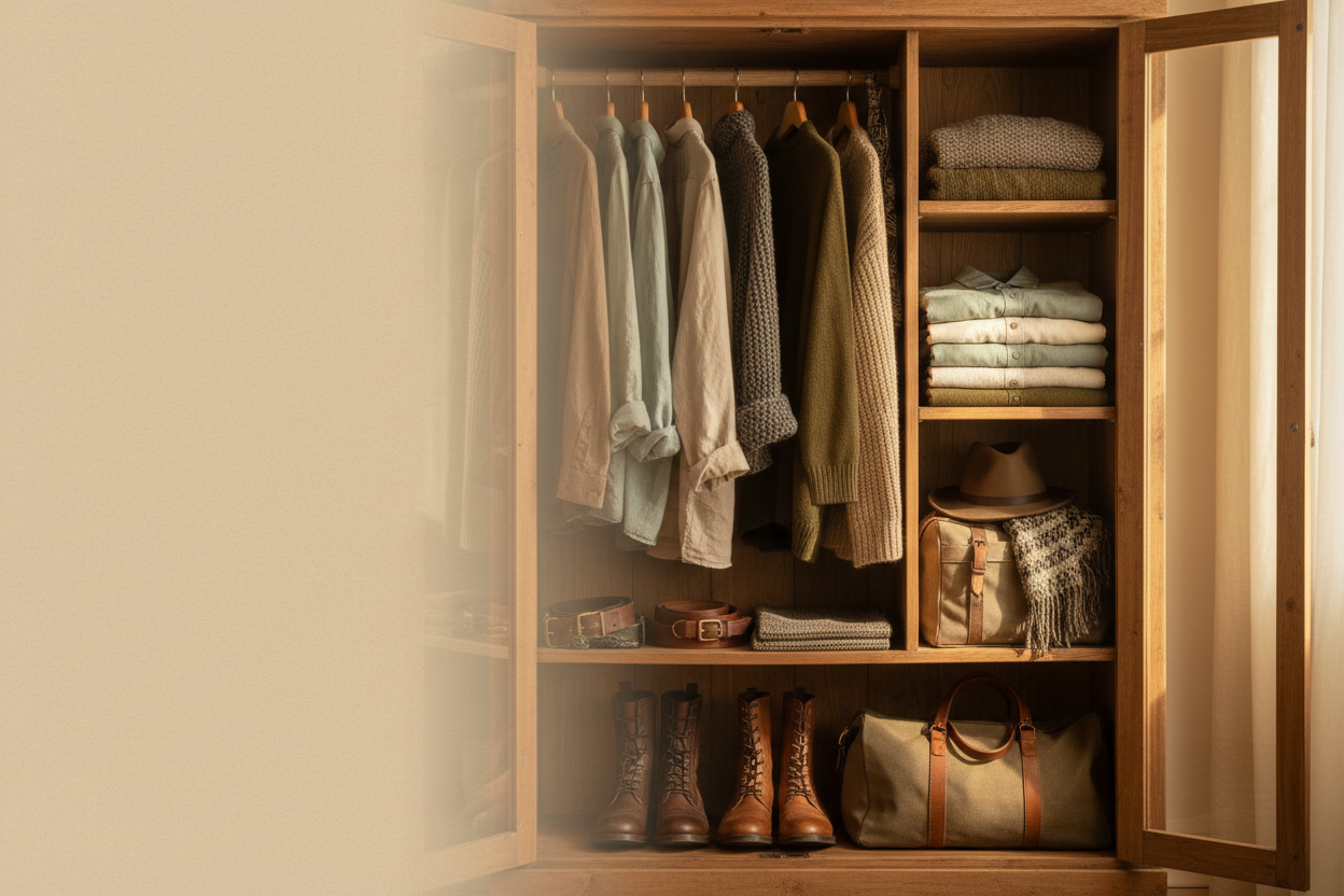 An open wooden wardrobe or closet filled with folded and hanging clothing, including shirts, folded garments on shelves, a hat, a scarf, boots, and a duffel bag, set against a warm beige background.
