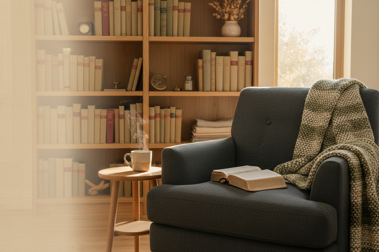 A cozy reading nook featuring a dark gray armchair with a knitted throw blanket and an open book, positioned in front of a wooden bookshelf filled with books. A small wooden side table holds a steaming mug.