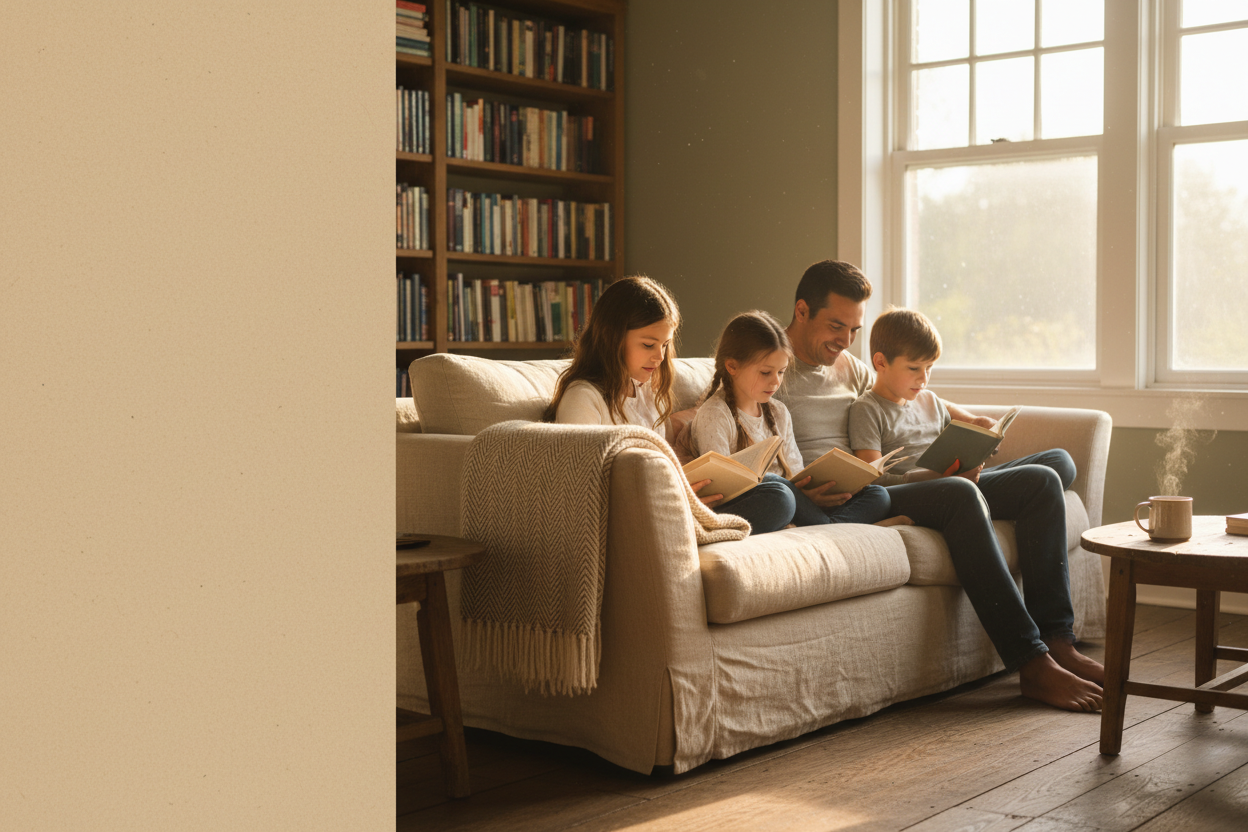 A family of four sits on a cream-colored sofa in a warmly lit living room, reading books together. A bookshelf is visible in the background, along with a small wooden side table holding a steaming mug.