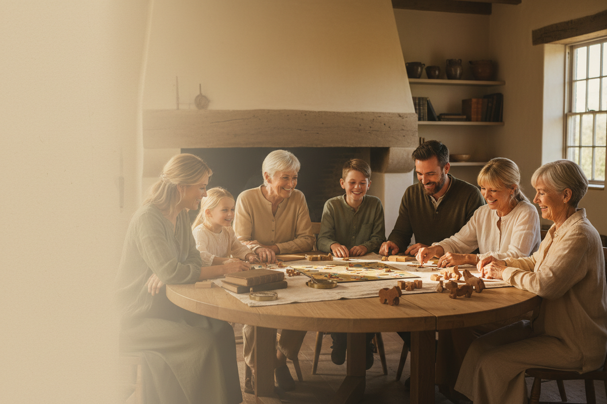 A family of seven gathered around a round wooden table in a rustic room, looking at and playing with miniature toy cars. The scene is warmly lit with sunlight streaming from a window on the right, highlighting the family's interaction.