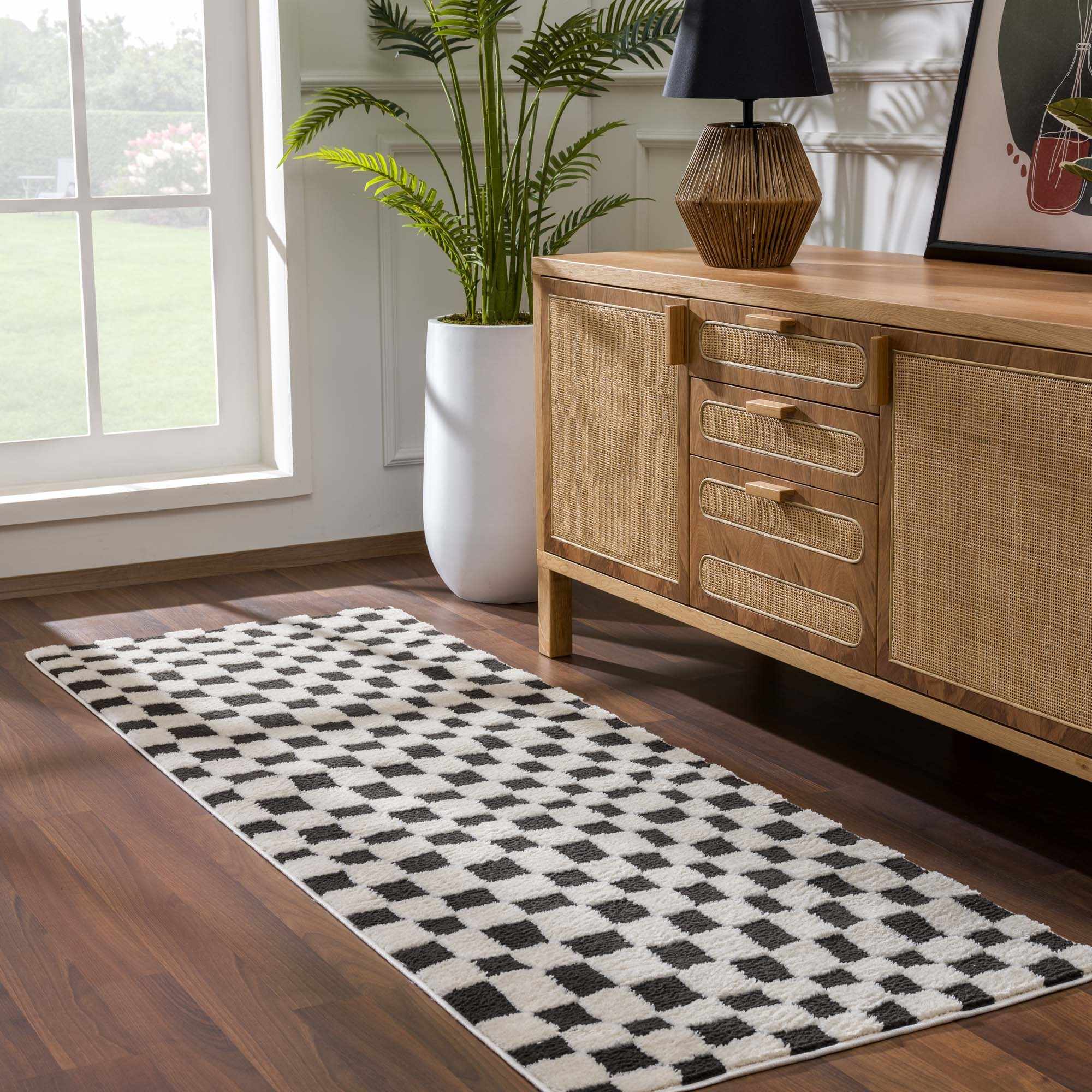 Lajos Black & White Checkered Plush Rug
