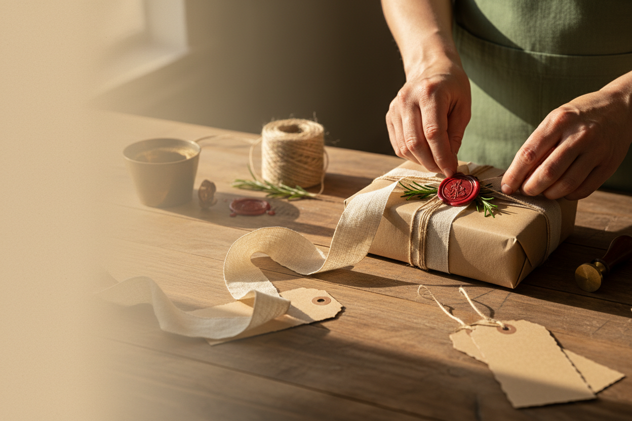 A person's hands wrapping a gift box with beige twine, a red wax seal, and green sprigs on a rustic wooden table with a cup, ribbon, and paper tags nearby.