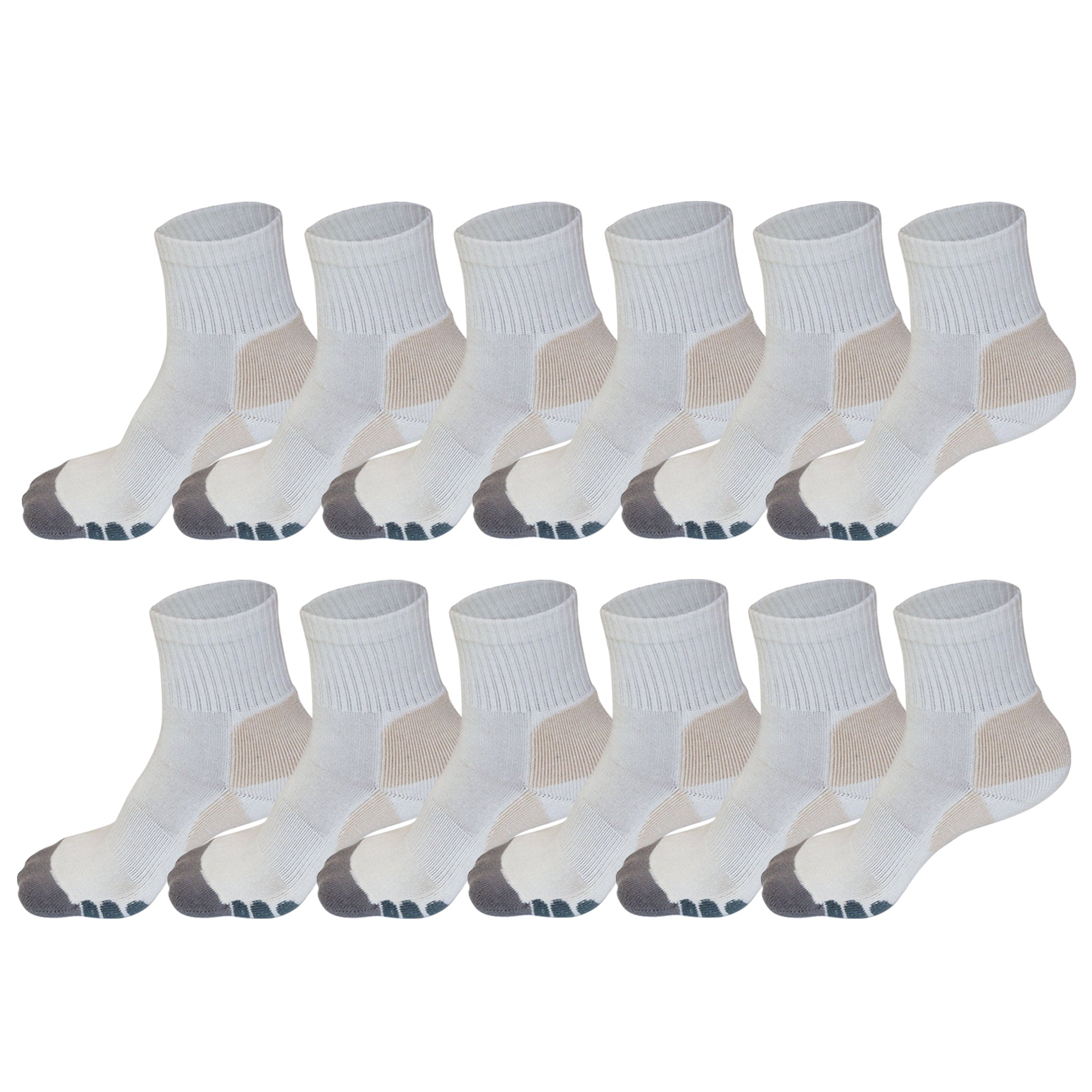 Multiple pairs of white socks with gray toes and heels on a white background