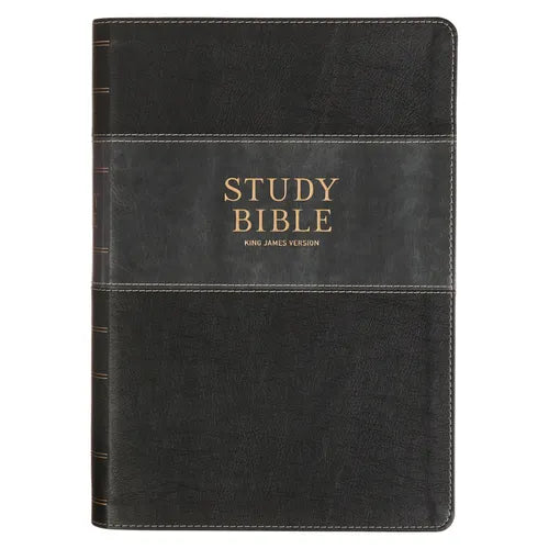 KJV Study Bible, Large Print King James Version Holy Bible, Thumb Tabs, Ribbons, Vegan Leather, Black/Gray Two-Tone