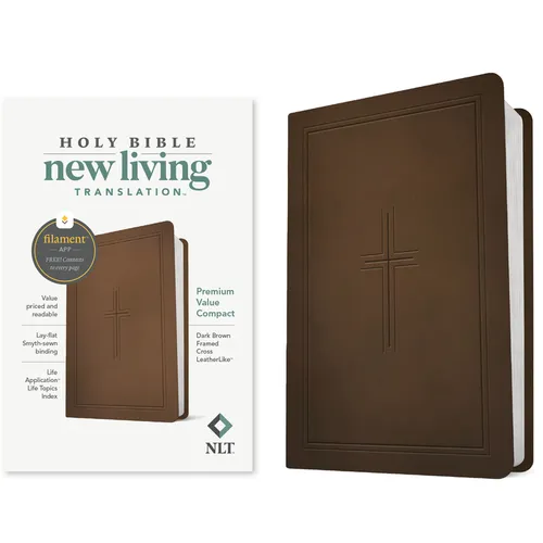 NLT Premium Value Compact Bible, Filament Enabled (Leatherlike, Dark Brown Framed Cross)
