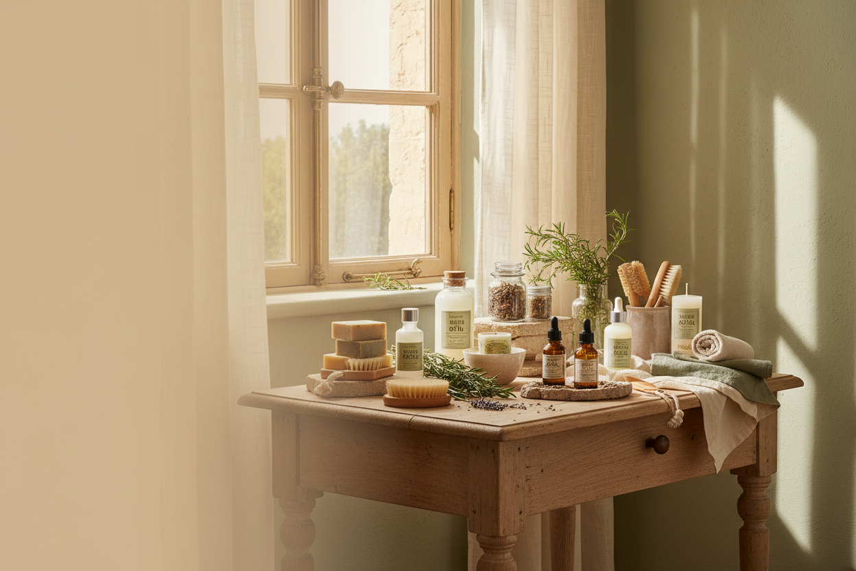 A rustic wooden table by a sunlit window displays an assortment of natural skincare and bath products, including bottles, jars, soaps, and a towel, arranged with herbs and dried botanicals.