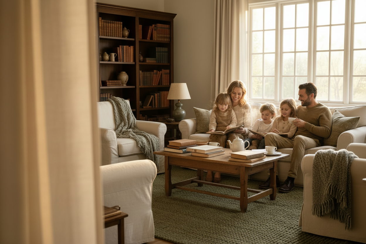 A family of five sits together on a beige sofa in a cozy, sunlit living room, reading books on a wooden coffee table. The room features a dark wood bookshelf, a green textured rug, and warm neutral tones throughout.