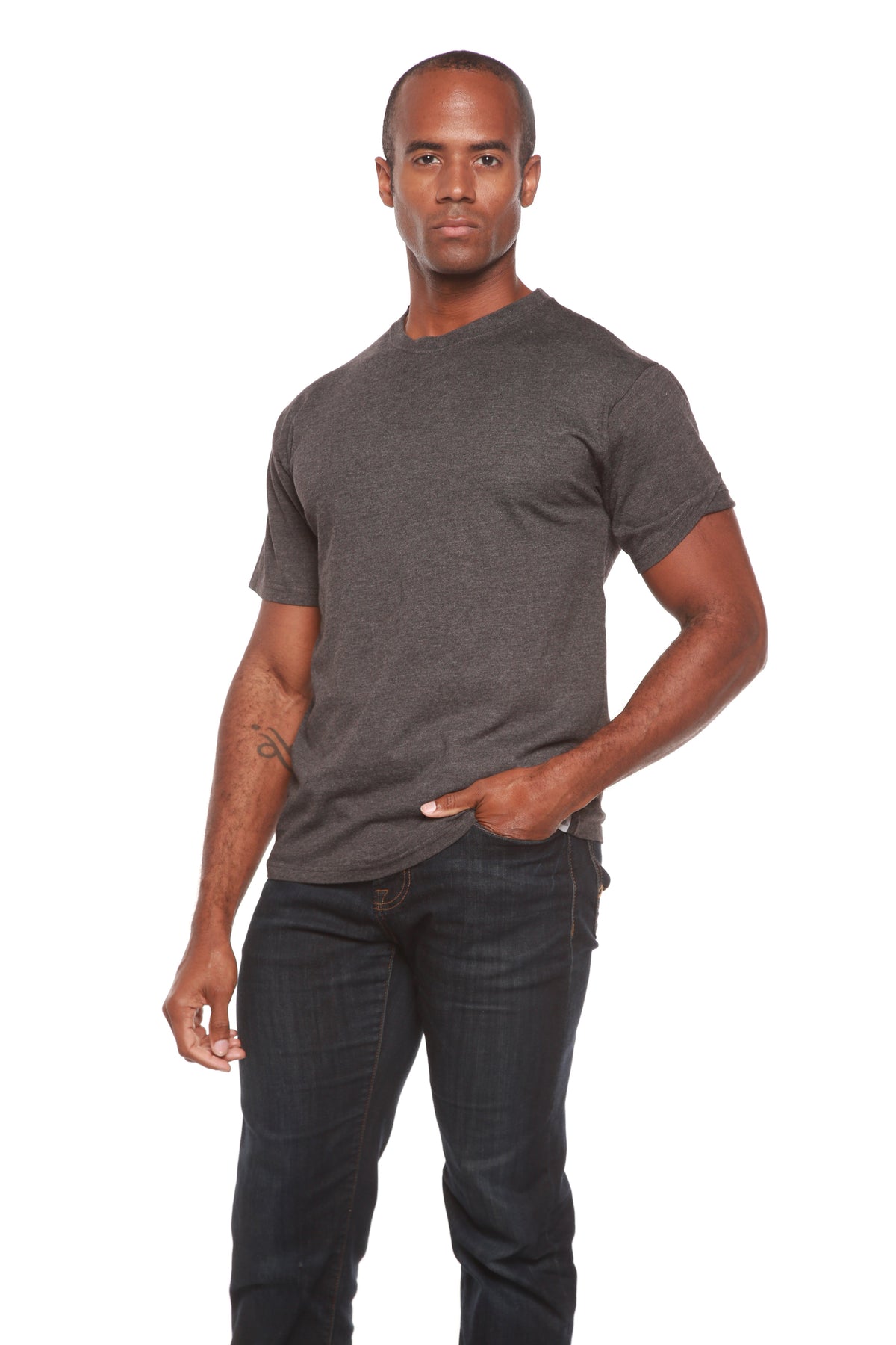 Man wearing a gray t-shirt with a motorcycle graphic and text on a white background